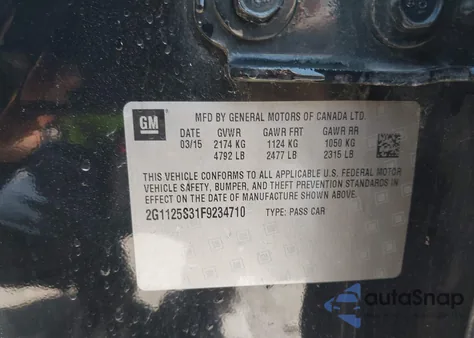 2015 Chevrolet Impala 2Lt из США, поврежденный, VIN 2G1125S31F9234710